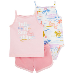 CARTER'S Set 3dílný body na ramínka, tílko, kraťasy Pink Sunshine holka 3m