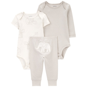 CARTER'S Set 3dílný body dl. rukáv, body kr. rukáv, tepláky Grey Stripe/Elephant neutral 12m/vel. 80