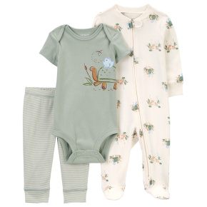 CARTER'S Set 3dílný overal, body kr. rukáv, tepláky Olive Turtle kluk 3m/vel. 62