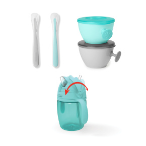 SKIP HOP Set jídelní s hrníčkem 5 ks Easy-Feed Mealtime Set Teal/Grey 6m+